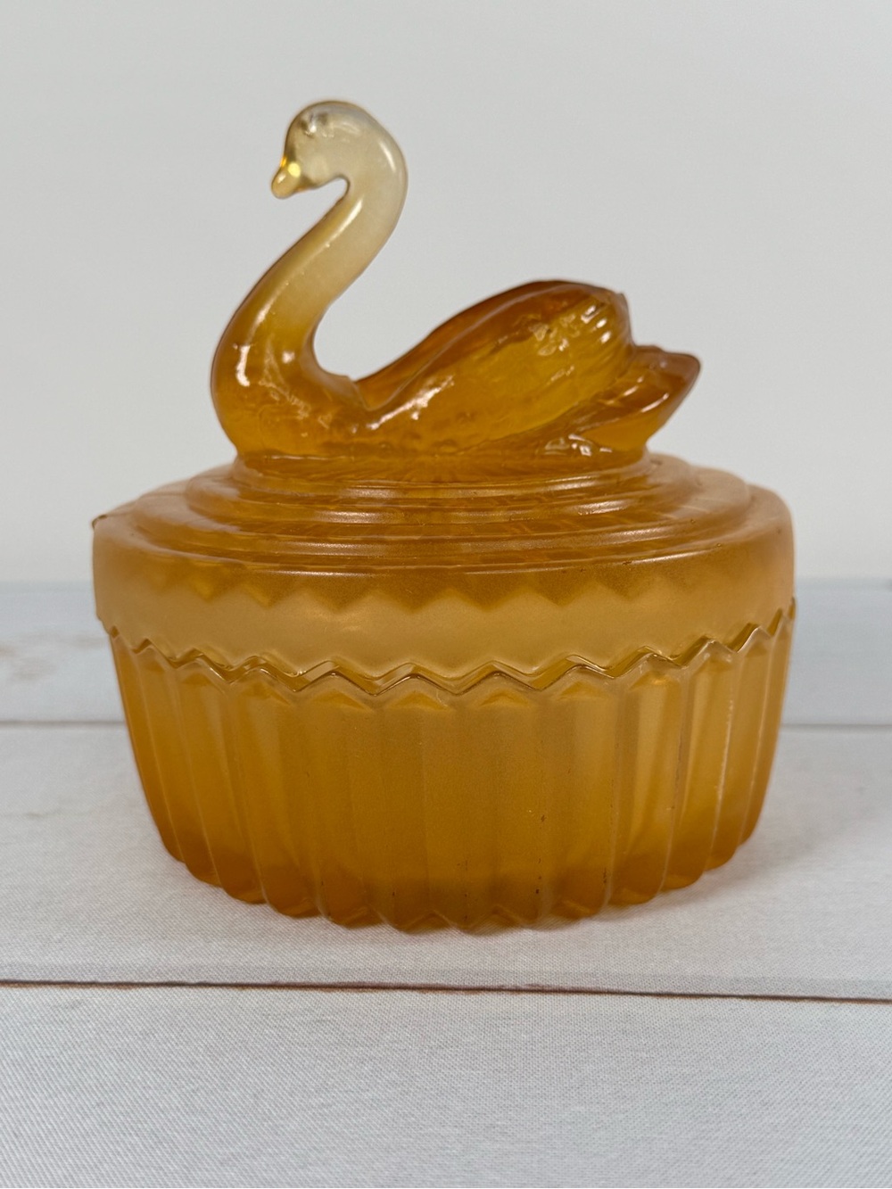 Vintage Indiana Glass Tiara Amber Covered Swan Candy Dish Powder Jar